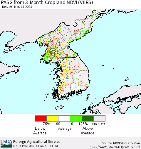 Korea PASG from 3-Month Cropland NDVI (VIIRS) Thematic Map For 3/11/2023 - 3/20/2023