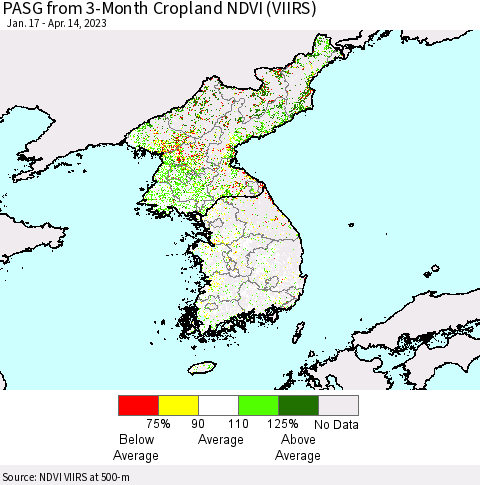 Korea PASG from 3-Month Cropland NDVI (VIIRS) Thematic Map For 4/7/2023 - 4/14/2023