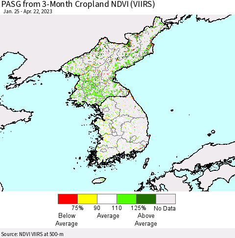 Korea PASG from 3-Month Cropland NDVI (VIIRS) Thematic Map For 4/15/2023 - 4/22/2023