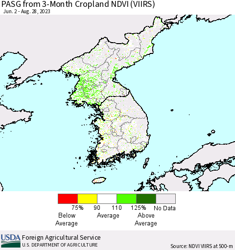 Korea PASG from 3-Month Cropland NDVI (VIIRS) Thematic Map For 8/21/2023 - 8/31/2023
