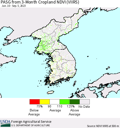 Korea PASG from 3-Month Cropland NDVI (VIIRS) Thematic Map For 9/1/2023 - 9/10/2023
