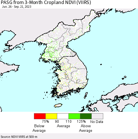 Korea PASG from 3-Month Cropland NDVI (VIIRS) Thematic Map For 9/14/2023 - 9/21/2023