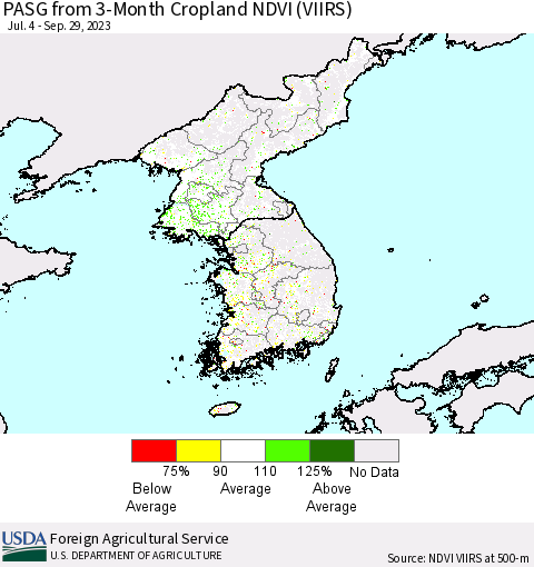 Korea PASG from 3-Month Cropland NDVI (VIIRS) Thematic Map For 9/21/2023 - 9/30/2023