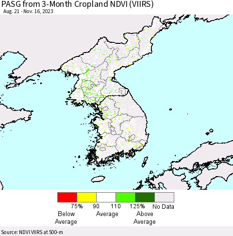 Korea PASG from 3-Month Cropland NDVI (VIIRS) Thematic Map For 11/9/2023 - 11/16/2023