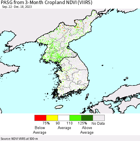 Korea PASG from 3-Month Cropland NDVI (VIIRS) Thematic Map For 12/11/2023 - 12/18/2023