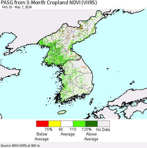 Korea PASG from 3-Month Cropland NDVI (VIIRS) Thematic Map For 4/30/2024 - 5/7/2024
