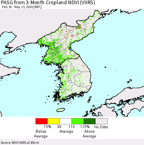 Korea PASG from 3-Month Cropland NDVI (VIIRS) Thematic Map For 5/8/2024 - 5/15/2024
