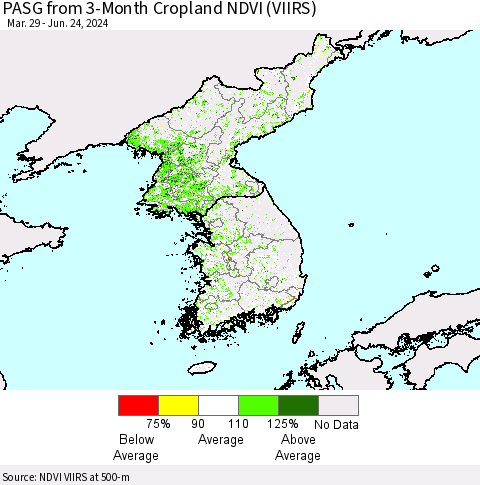 Korea PASG from 3-Month Cropland NDVI (VIIRS) Thematic Map For 6/17/2024 - 6/24/2024