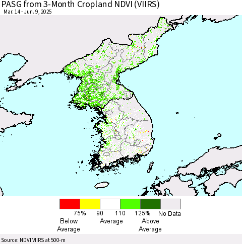 Korea PASG from 3-Month Cropland NDVI (VIIRS) Thematic Map For 6/2/2025 - 6/9/2025