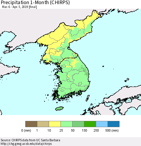 Korea Precipitation 1-Month (CHIRPS) Thematic Map For 3/6/2019 - 4/5/2019