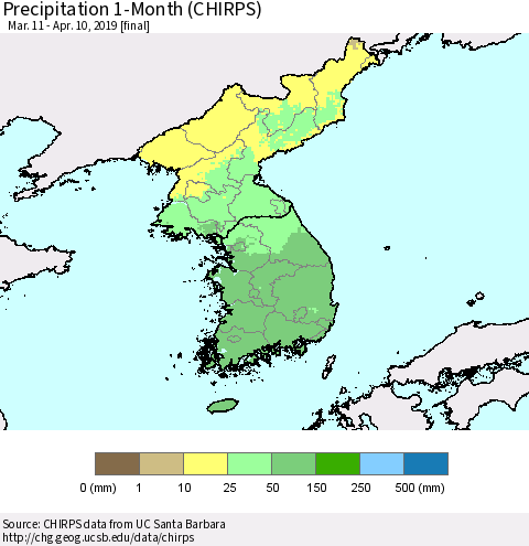 Korea Precipitation 1-Month (CHIRPS) Thematic Map For 3/11/2019 - 4/10/2019