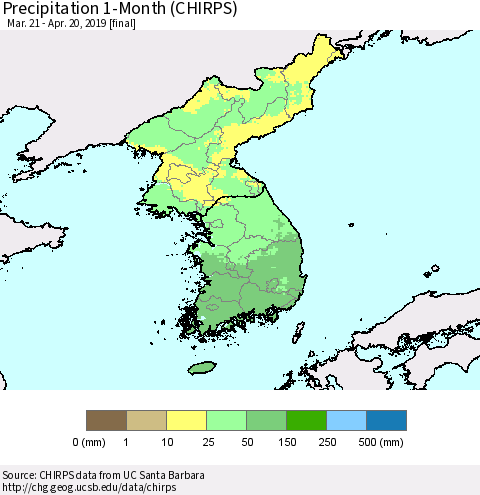 Korea Precipitation 1-Month (CHIRPS) Thematic Map For 3/21/2019 - 4/20/2019