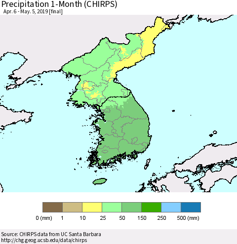 Korea Precipitation 1-Month (CHIRPS) Thematic Map For 4/6/2019 - 5/5/2019