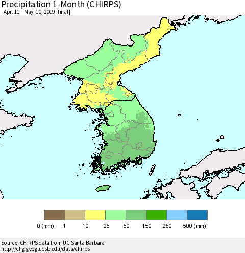 Korea Precipitation 1-Month (CHIRPS) Thematic Map For 4/11/2019 - 5/10/2019