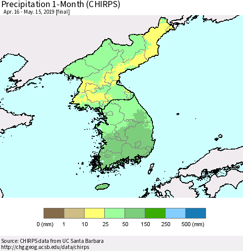 Korea Precipitation 1-Month (CHIRPS) Thematic Map For 4/16/2019 - 5/15/2019
