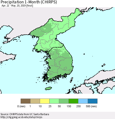 Korea Precipitation 1-Month (CHIRPS) Thematic Map For 4/21/2019 - 5/20/2019