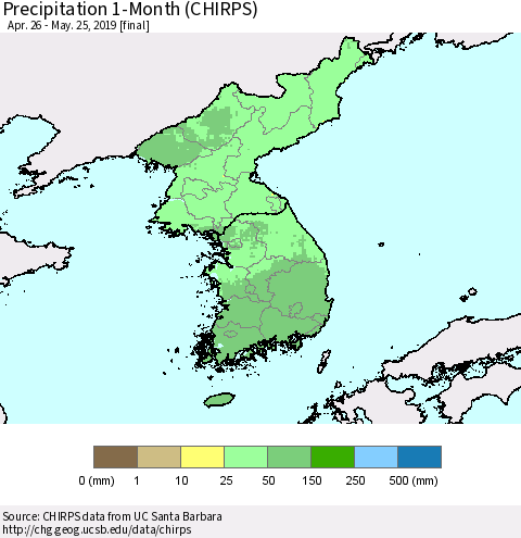 Korea Precipitation 1-Month (CHIRPS) Thematic Map For 4/26/2019 - 5/25/2019