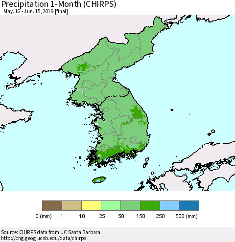 Korea Precipitation 1-Month (CHIRPS) Thematic Map For 5/16/2019 - 6/15/2019