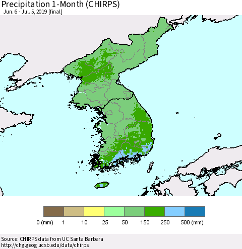 Korea Precipitation 1-Month (CHIRPS) Thematic Map For 6/6/2019 - 7/5/2019