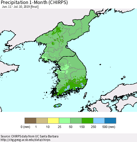 Korea Precipitation 1-Month (CHIRPS) Thematic Map For 6/11/2019 - 7/10/2019
