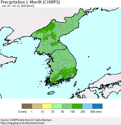 Korea Precipitation 1-Month (CHIRPS) Thematic Map For 6/16/2019 - 7/15/2019
