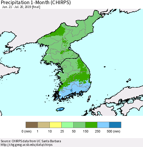 Korea Precipitation 1-Month (CHIRPS) Thematic Map For 6/21/2019 - 7/20/2019