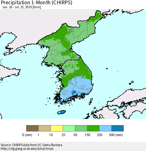 Korea Precipitation 1-Month (CHIRPS) Thematic Map For 6/26/2019 - 7/25/2019