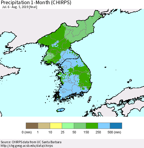 Korea Precipitation 1-Month (CHIRPS) Thematic Map For 7/6/2019 - 8/5/2019