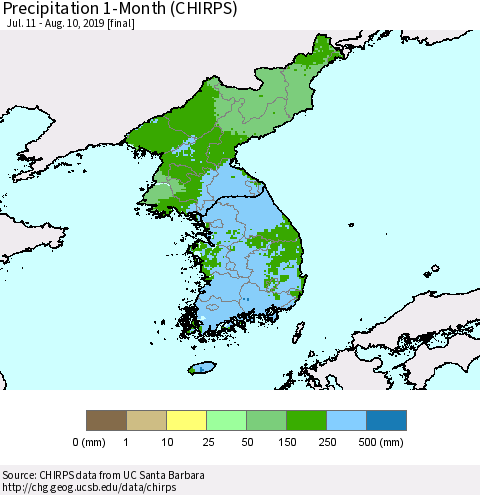 Korea Precipitation 1-Month (CHIRPS) Thematic Map For 7/11/2019 - 8/10/2019