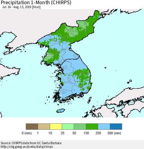 Korea Precipitation 1-Month (CHIRPS) Thematic Map For 7/16/2019 - 8/15/2019
