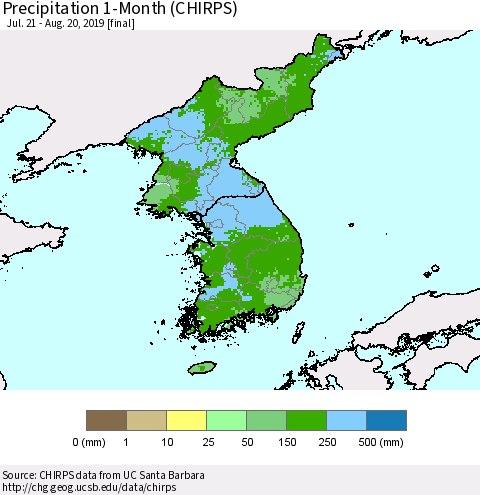 Korea Precipitation 1-Month (CHIRPS) Thematic Map For 7/21/2019 - 8/20/2019