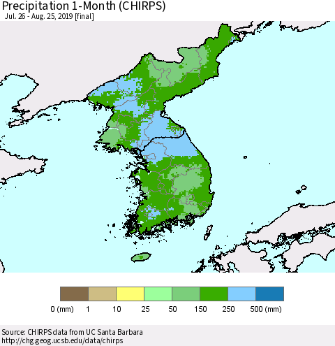 Korea Precipitation 1-Month (CHIRPS) Thematic Map For 7/26/2019 - 8/25/2019