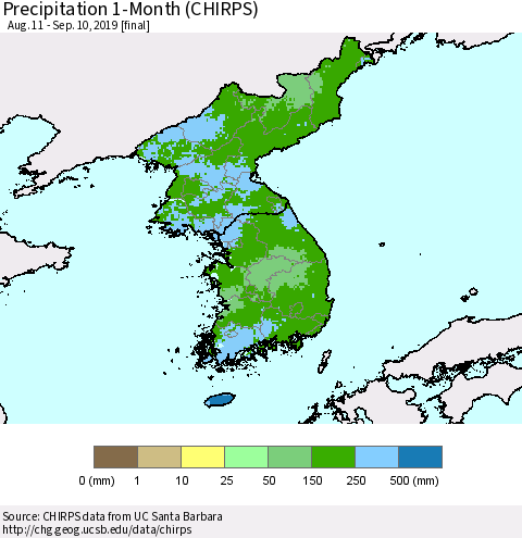 Korea Precipitation 1-Month (CHIRPS) Thematic Map For 8/11/2019 - 9/10/2019