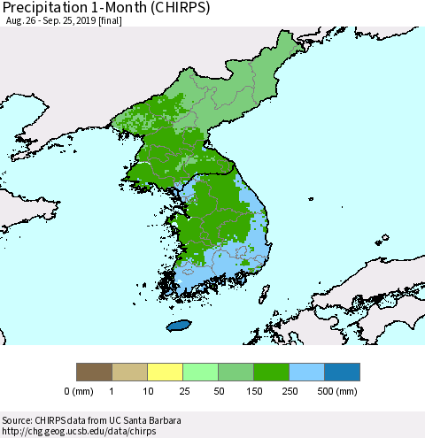 Korea Precipitation 1-Month (CHIRPS) Thematic Map For 8/26/2019 - 9/25/2019