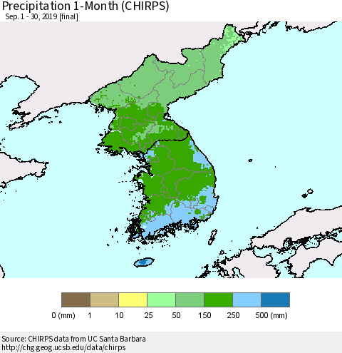 Korea Precipitation 1-Month (CHIRPS) Thematic Map For 9/1/2019 - 9/30/2019