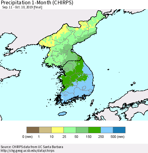 Korea Precipitation 1-Month (CHIRPS) Thematic Map For 9/11/2019 - 10/10/2019