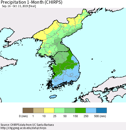 Korea Precipitation 1-Month (CHIRPS) Thematic Map For 9/16/2019 - 10/15/2019