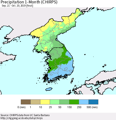 Korea Precipitation 1-Month (CHIRPS) Thematic Map For 9/21/2019 - 10/20/2019