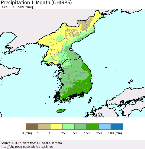 Korea Precipitation 1-Month (CHIRPS) Thematic Map For 10/1/2019 - 10/31/2019