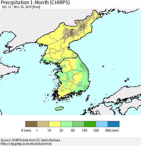 Korea Precipitation 1-Month (CHIRPS) Thematic Map For 10/11/2019 - 11/10/2019