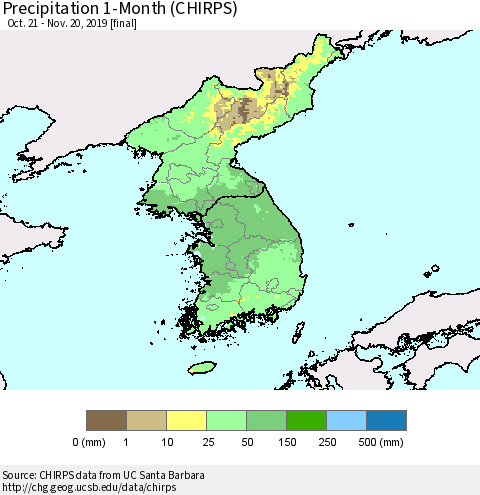 Korea Precipitation 1-Month (CHIRPS) Thematic Map For 10/21/2019 - 11/20/2019