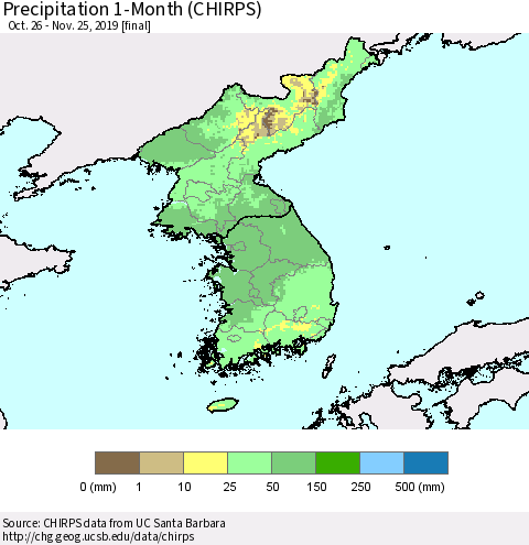 Korea Precipitation 1-Month (CHIRPS) Thematic Map For 10/26/2019 - 11/25/2019