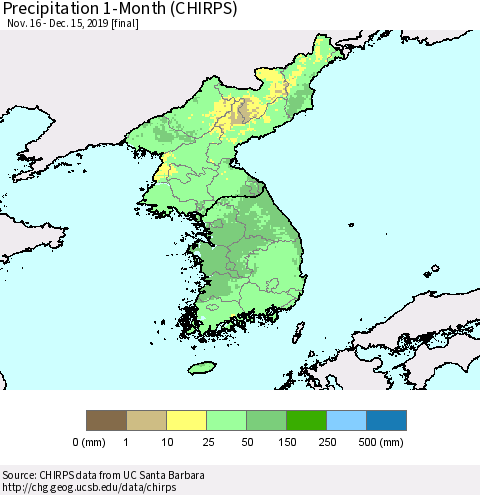 Korea Precipitation 1-Month (CHIRPS) Thematic Map For 11/16/2019 - 12/15/2019