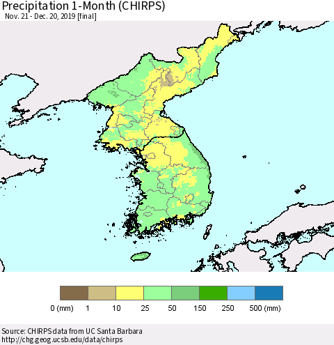 Korea Precipitation 1-Month (CHIRPS) Thematic Map For 11/21/2019 - 12/20/2019