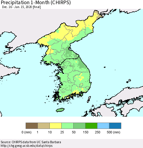 Korea Precipitation 1-Month (CHIRPS) Thematic Map For 12/16/2019 - 1/15/2020