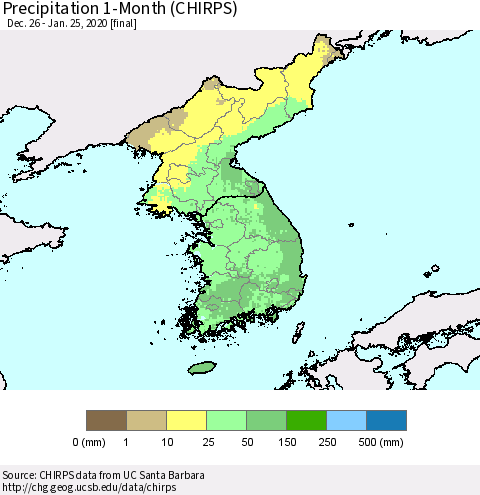 Korea Precipitation 1-Month (CHIRPS) Thematic Map For 12/26/2019 - 1/25/2020