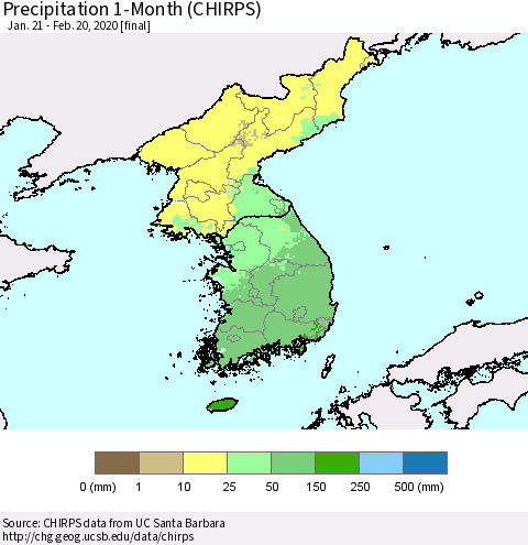 Korea Precipitation 1-Month (CHIRPS) Thematic Map For 1/21/2020 - 2/20/2020