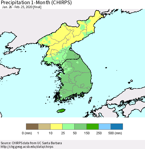 Korea Precipitation 1-Month (CHIRPS) Thematic Map For 1/26/2020 - 2/25/2020