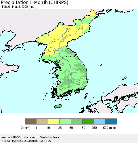 Korea Precipitation 1-Month (CHIRPS) Thematic Map For 2/6/2020 - 3/5/2020
