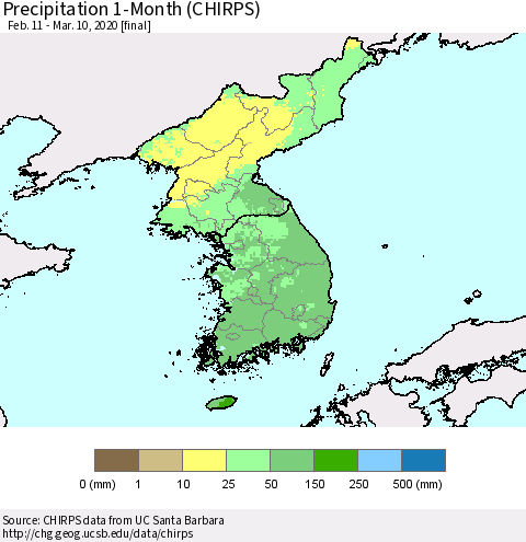 Korea Precipitation 1-Month (CHIRPS) Thematic Map For 2/11/2020 - 3/10/2020